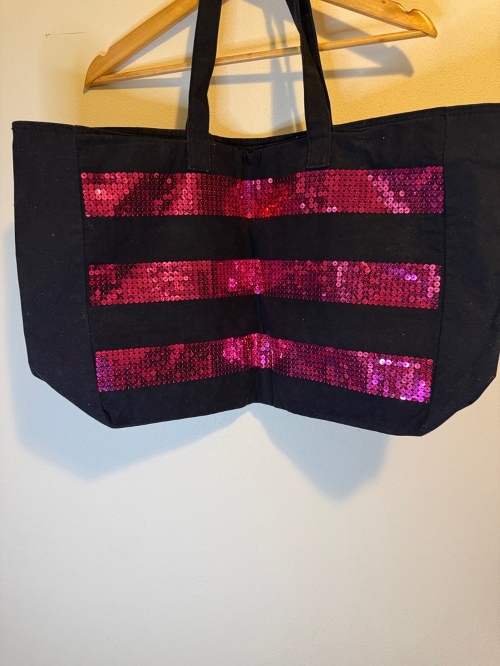 Victoria secret tote Stylish Black Tote with Pink Sequin Stripes - Picture 3 of 3